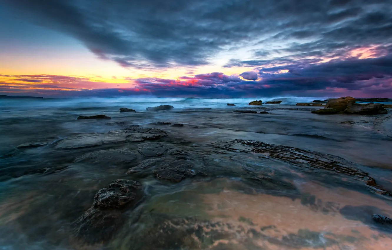 Photo wallpaper beach, the sky, clouds, stones, the ocean, dawn, morning