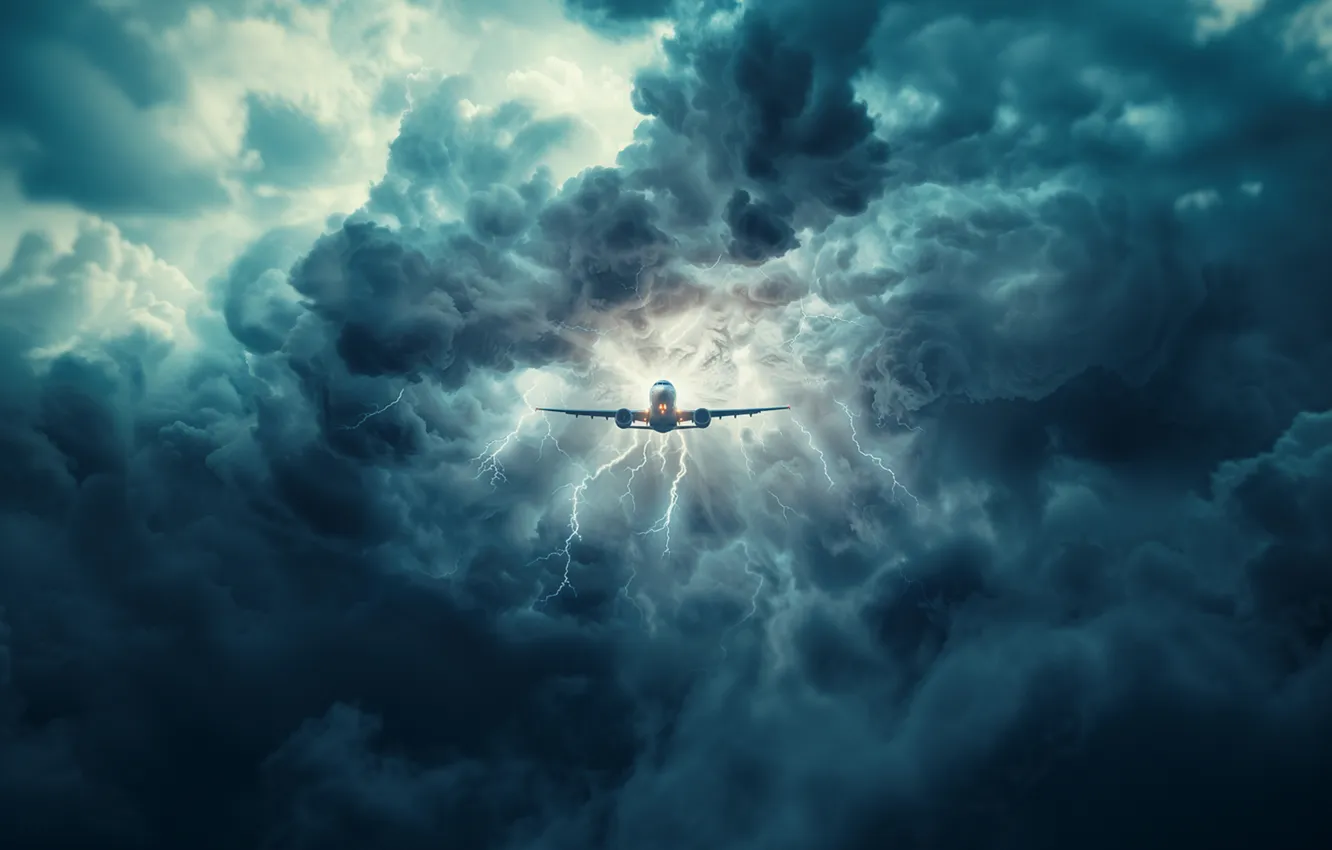 Photo wallpaper Clouds, The plane, Lightning, Clouds, Hurricane, AI art, The Art of Artificial Intelligence, Neural network