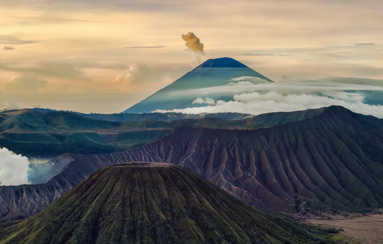 Photo wallpaper clouds, mountains, the volcano, Bromo, Java, tectonic complex, Tanger