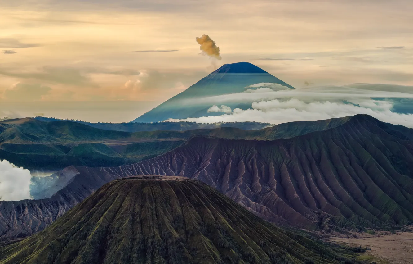 Photo wallpaper clouds, mountains, the volcano, volcanoes, Bromo, Java, tectonic complex, Tanger