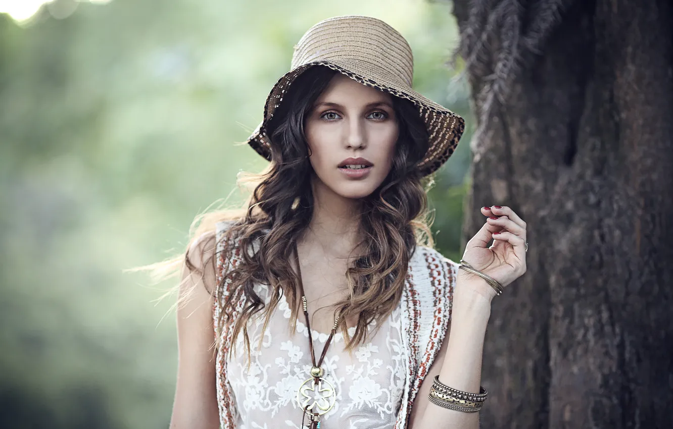 Photo wallpaper girl, decoration, tree, hat, dress, trunk, brown hair, bracelets
