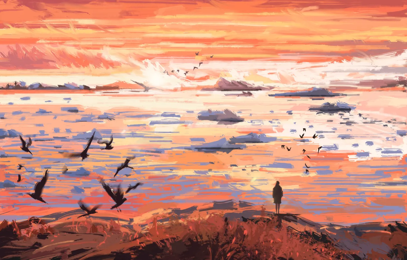 Photo wallpaper sea, wave, girl, sunset, seagulls