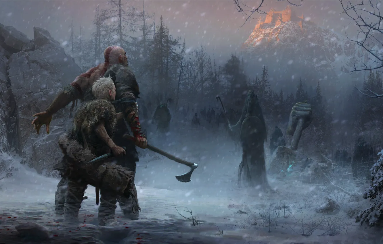 Photo wallpaper axe, game, Sony, Kratos, God of War, snow, knife, Loki