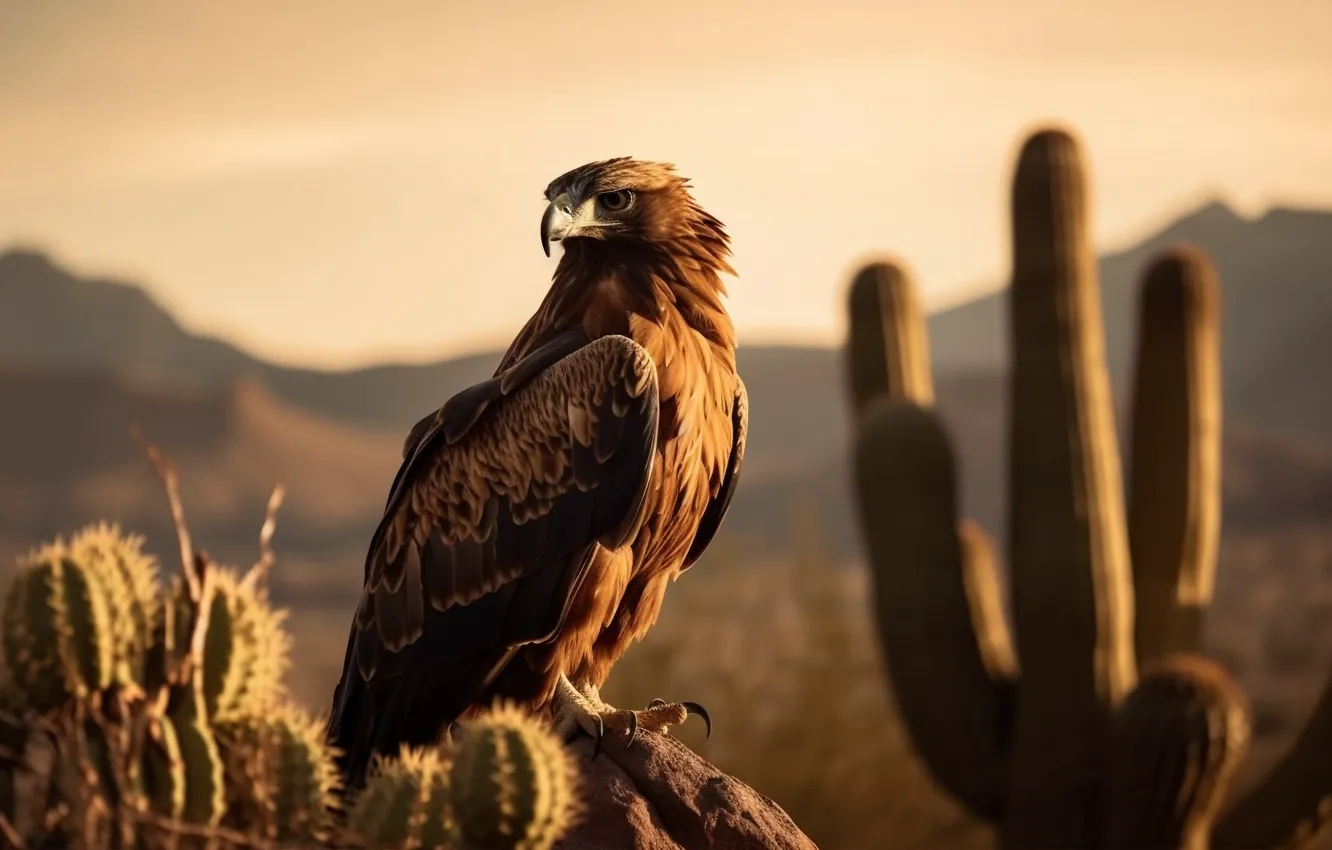 Photo wallpaper sunset, mountains, bird, predator, cactus, hawk, digital art, bird of prey