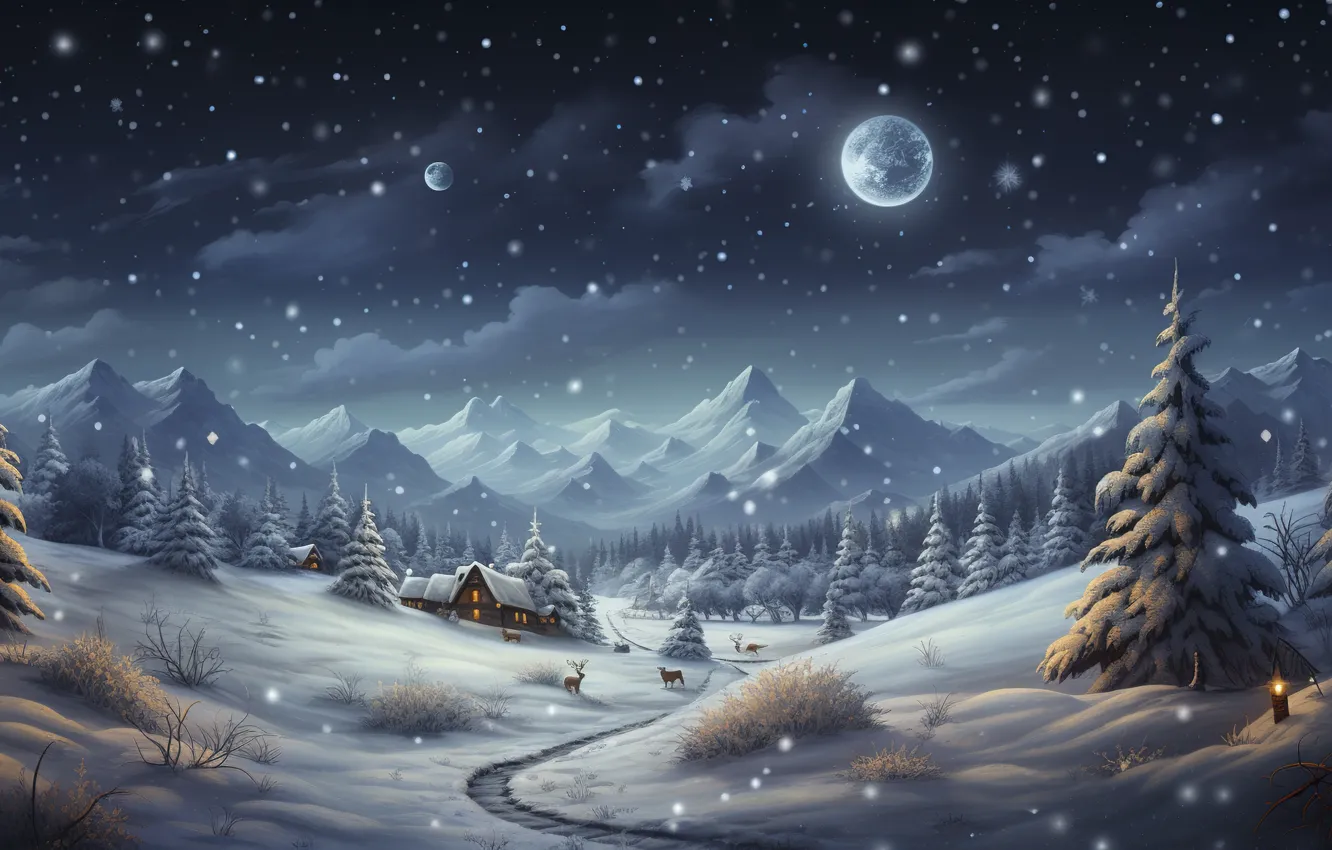 Photo wallpaper winter, forest, snow, night, the moon, new year, home, deer