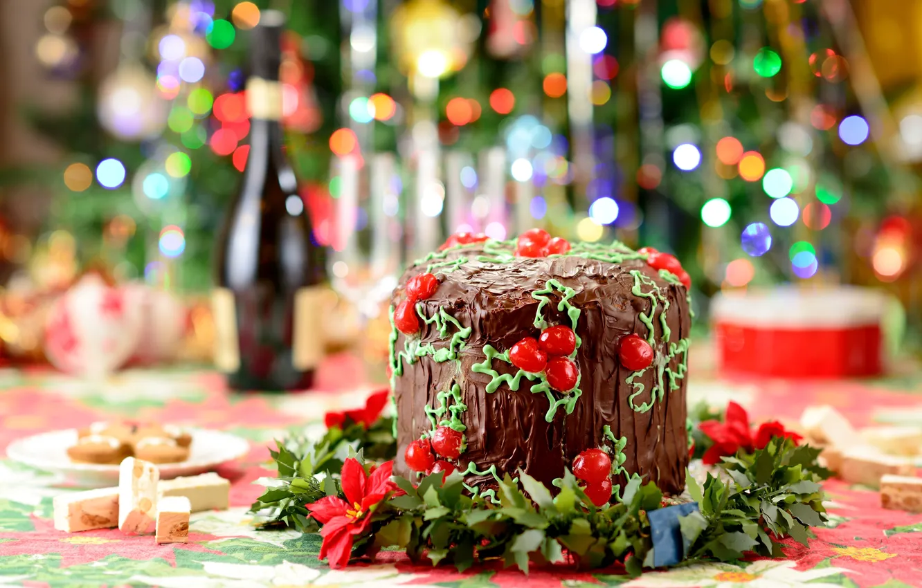 Photo wallpaper winter, lights, table, food, chocolate, New Year, Christmas, cake