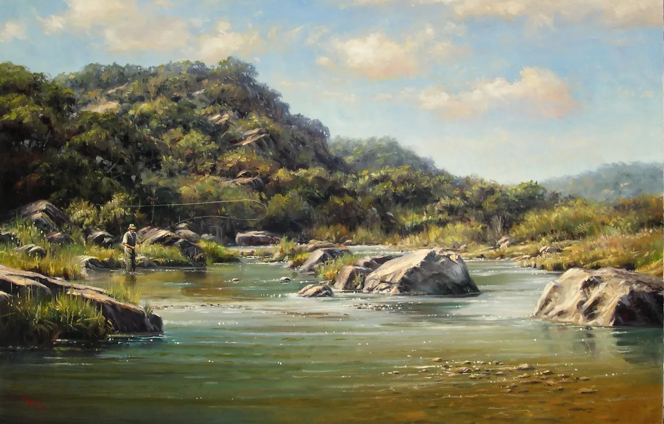 Photo wallpaper landscape, lake, picture, fisherman, Kyle Polzin