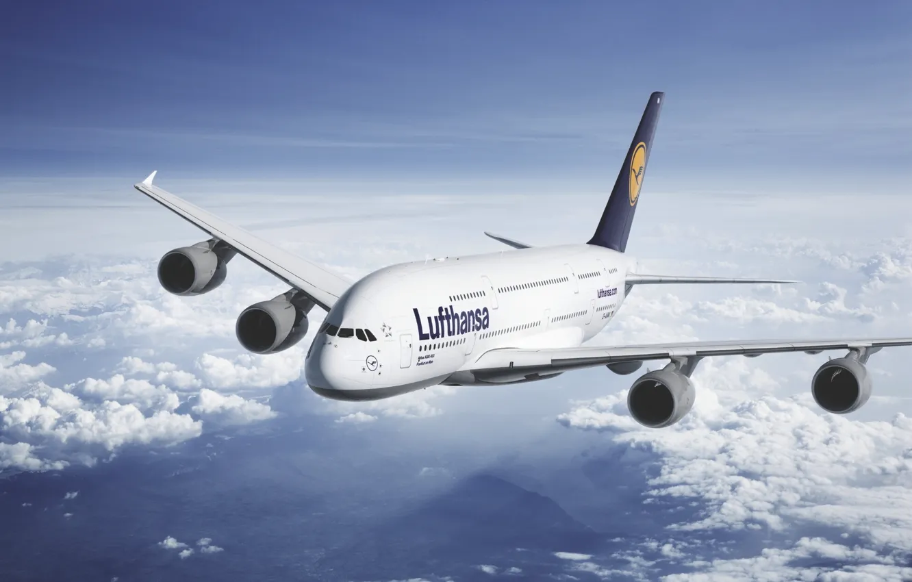 Photo wallpaper The sky, Clouds, The plane, Liner, Height, A380, Lufthansa, Passenger