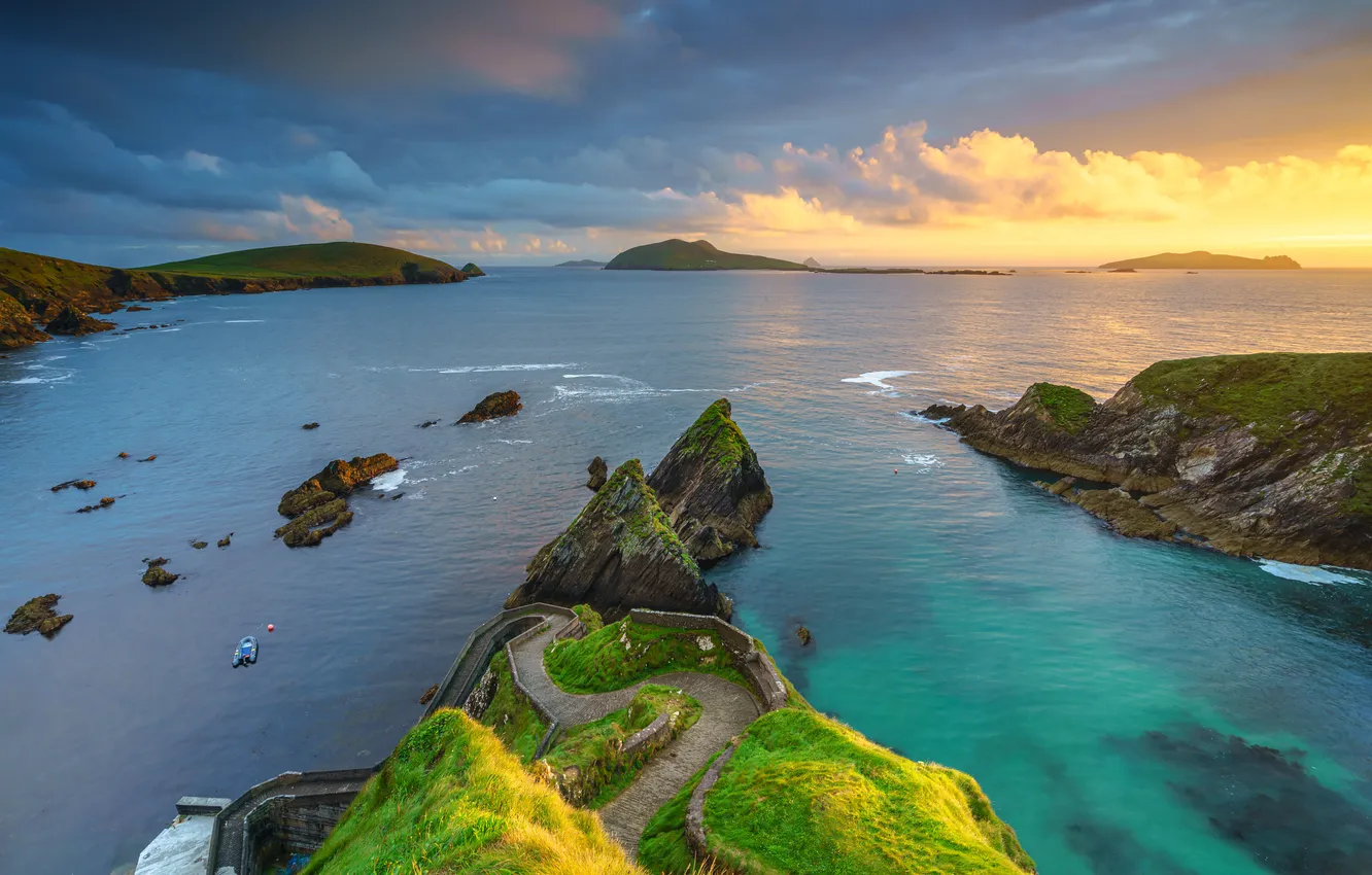 Photo wallpaper sea, greens, clouds, rocks, hills, shore, dal, Cape