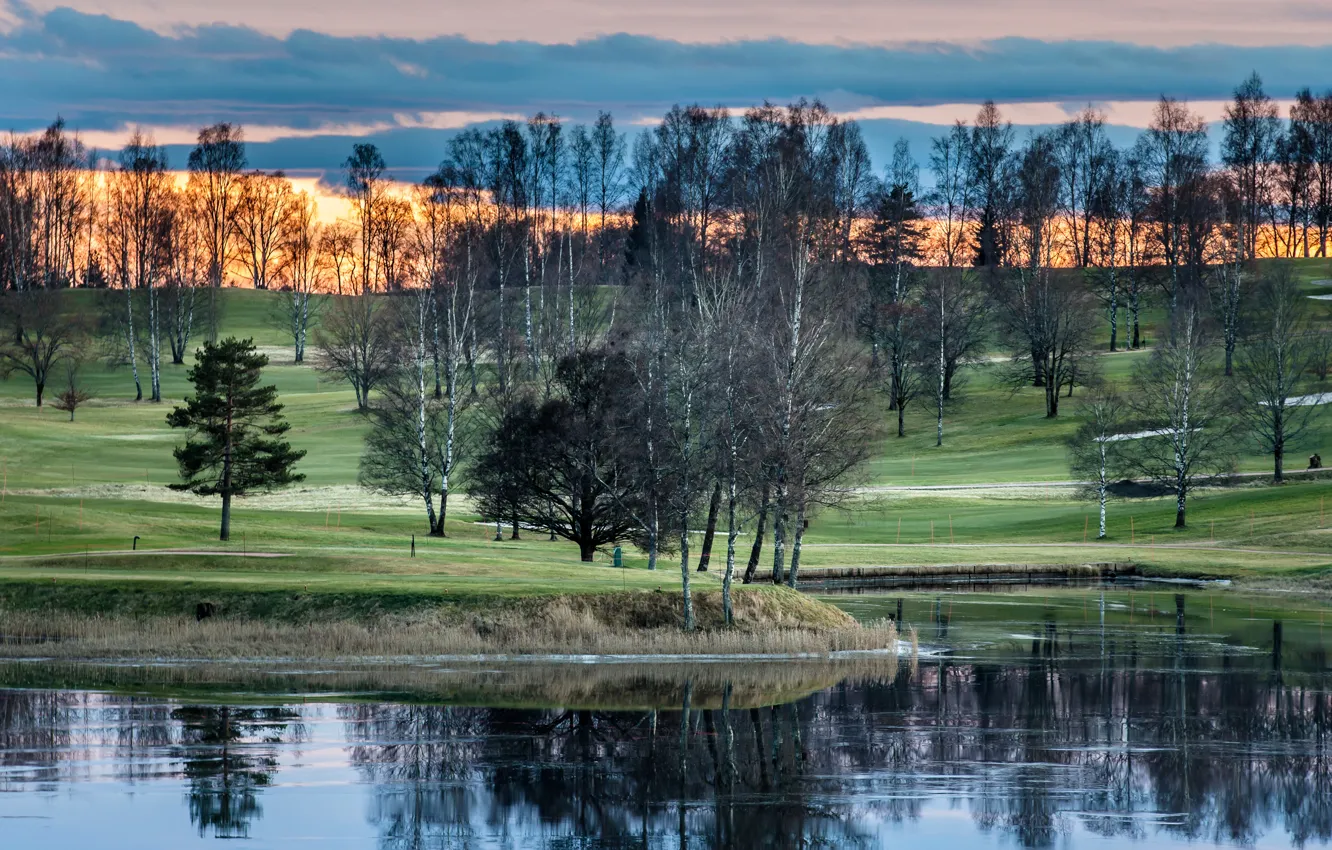 Photo wallpaper the sky, grass, clouds, trees, sunset, lake, Norway