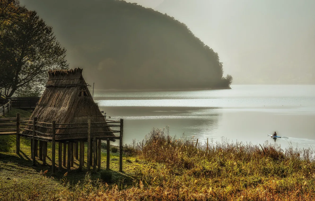 Photo wallpaper fog, lake, boat