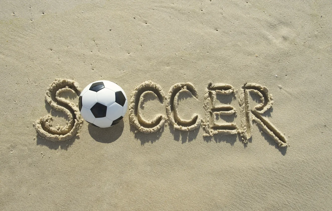 Photo wallpaper sand, beach, the sun, the inscription, football, the ball, Soccer