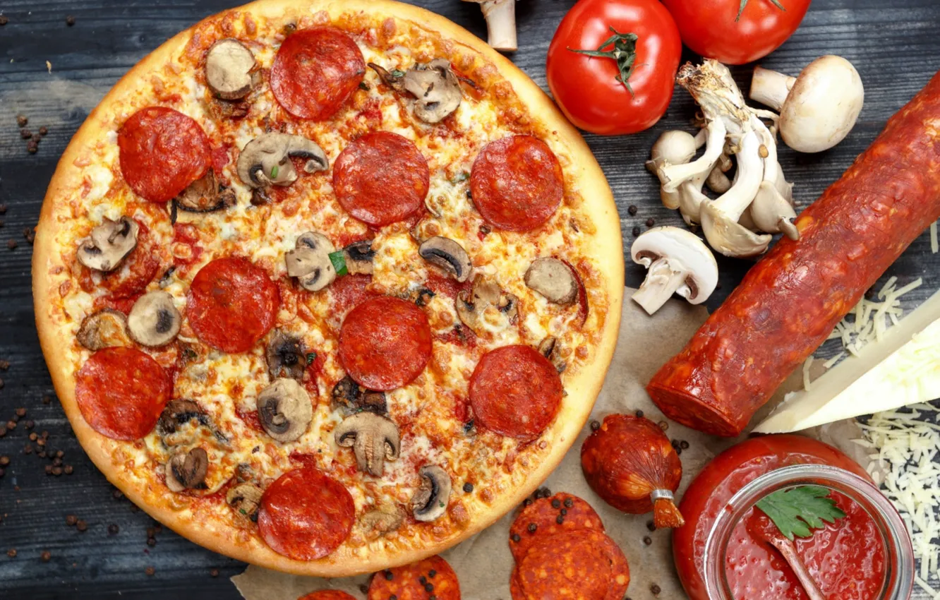 Photo wallpaper mushrooms, pizza, tomatoes, sausage, salami