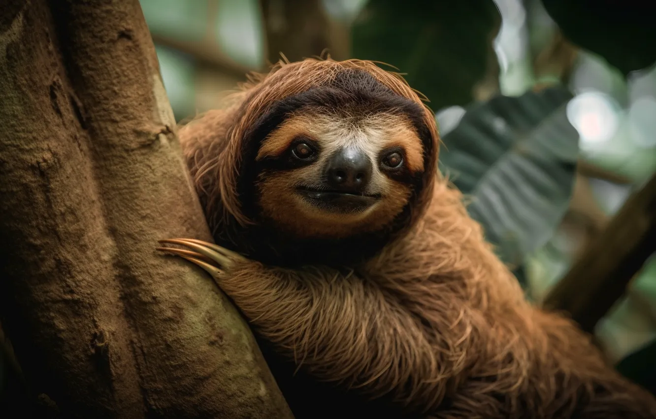 Photo wallpaper The Art of Artificial Intelligence, trees, look, sloth, AI art, leaves, branches, pose