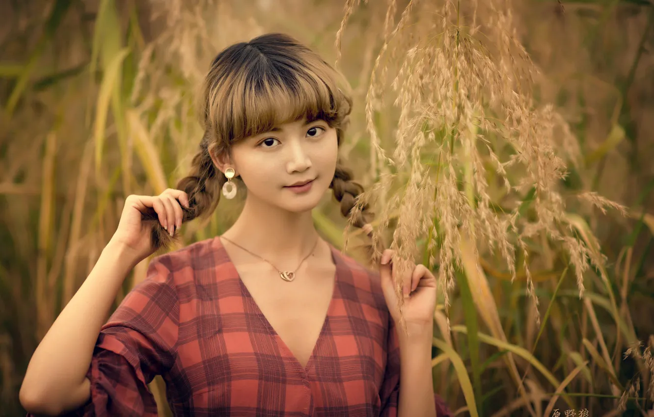 Photo wallpaper grass, look, girl, decoration, nature, earrings, dress, pendant