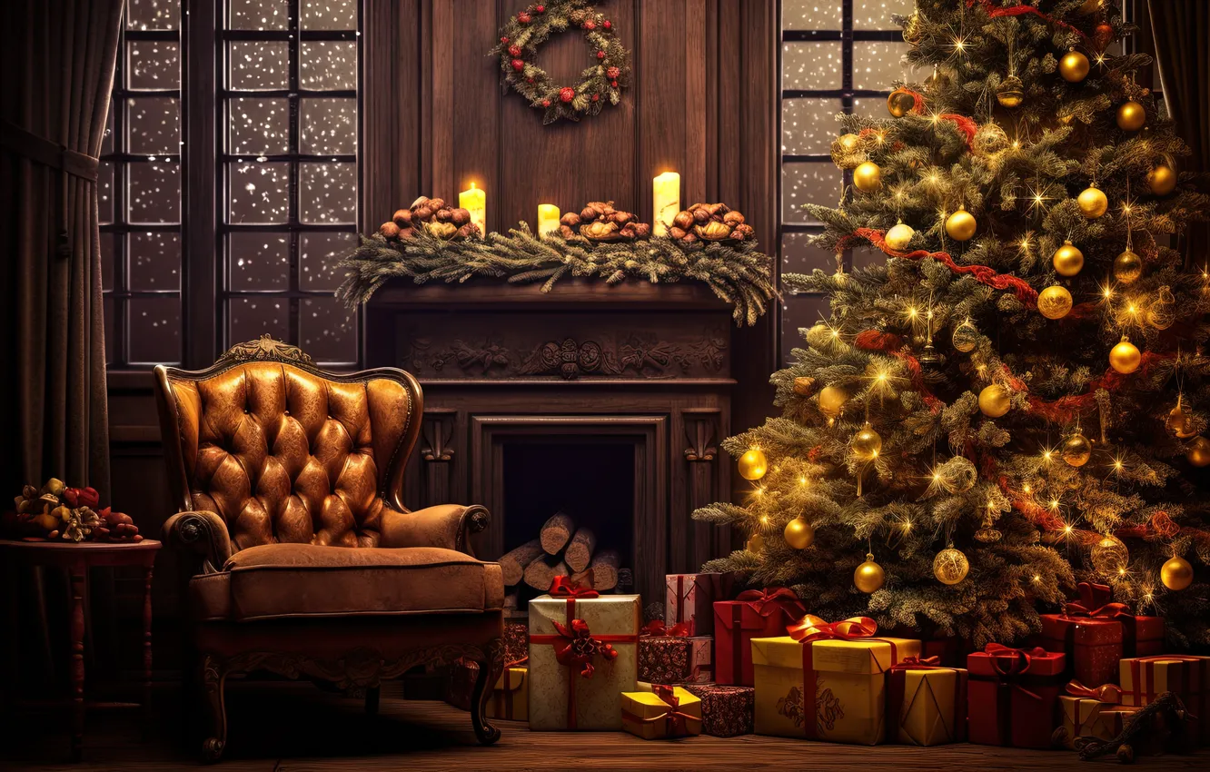 Photo wallpaper decoration, room, gift, balls, tree, new year, interior, chair