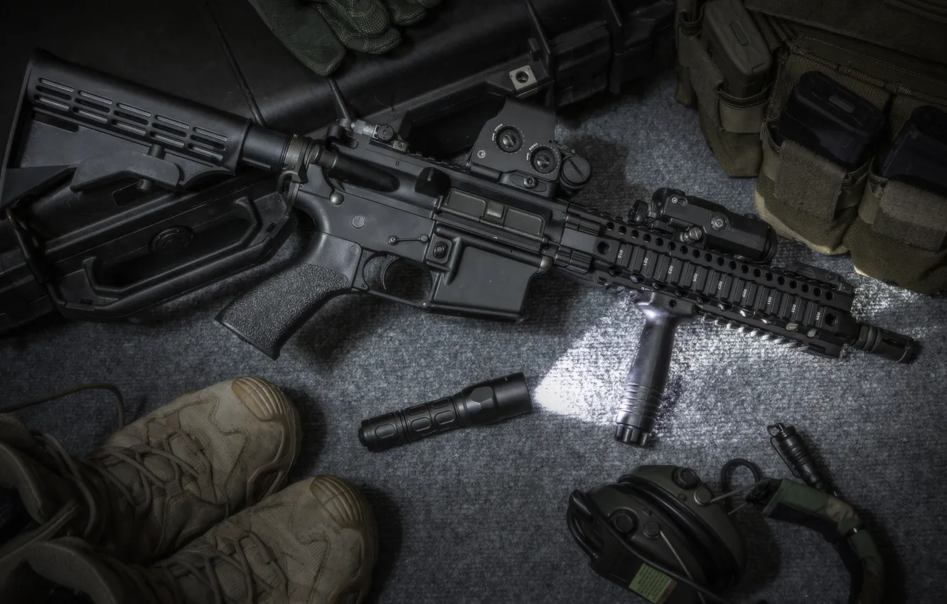 Photo wallpaper accessories, assault rifle, flashlight, footwear