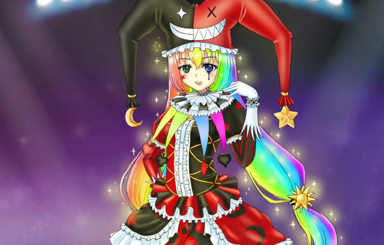 Photo wallpaper girl, the sun, stars, hat, rainbow, anime, clown, art