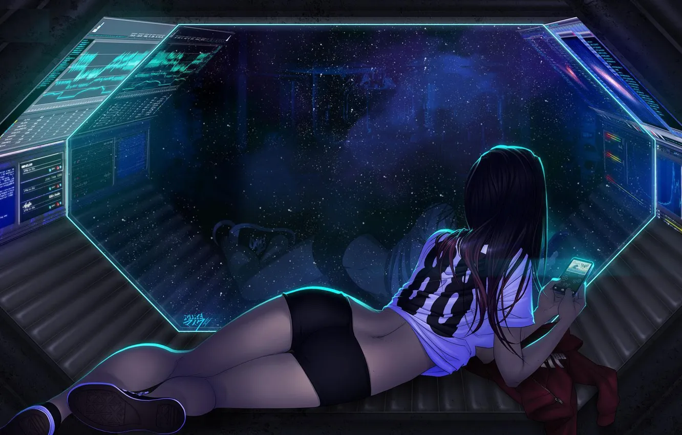 Photo wallpaper girl, space, reflection, fiction, back, view, ship, art