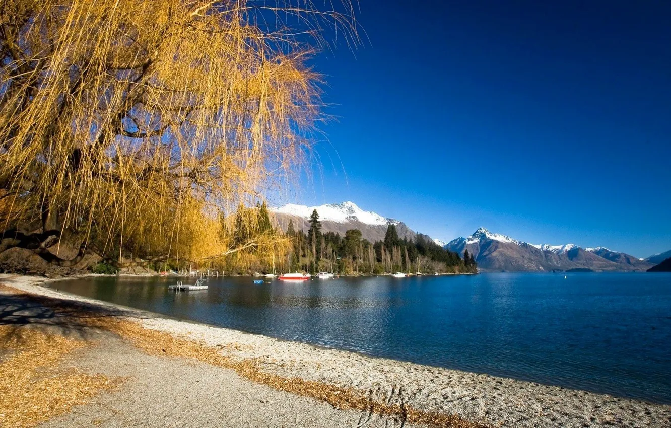 Photo wallpaper sand, autumn, beach, the sky, trees, mountains, lake, boat