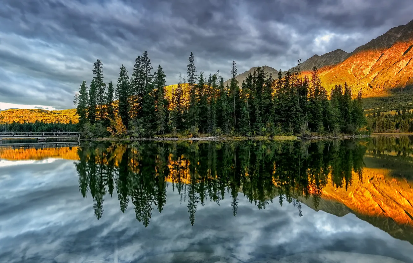 Photo wallpaper the sky, trees, mountains, clouds, bridge, lake
