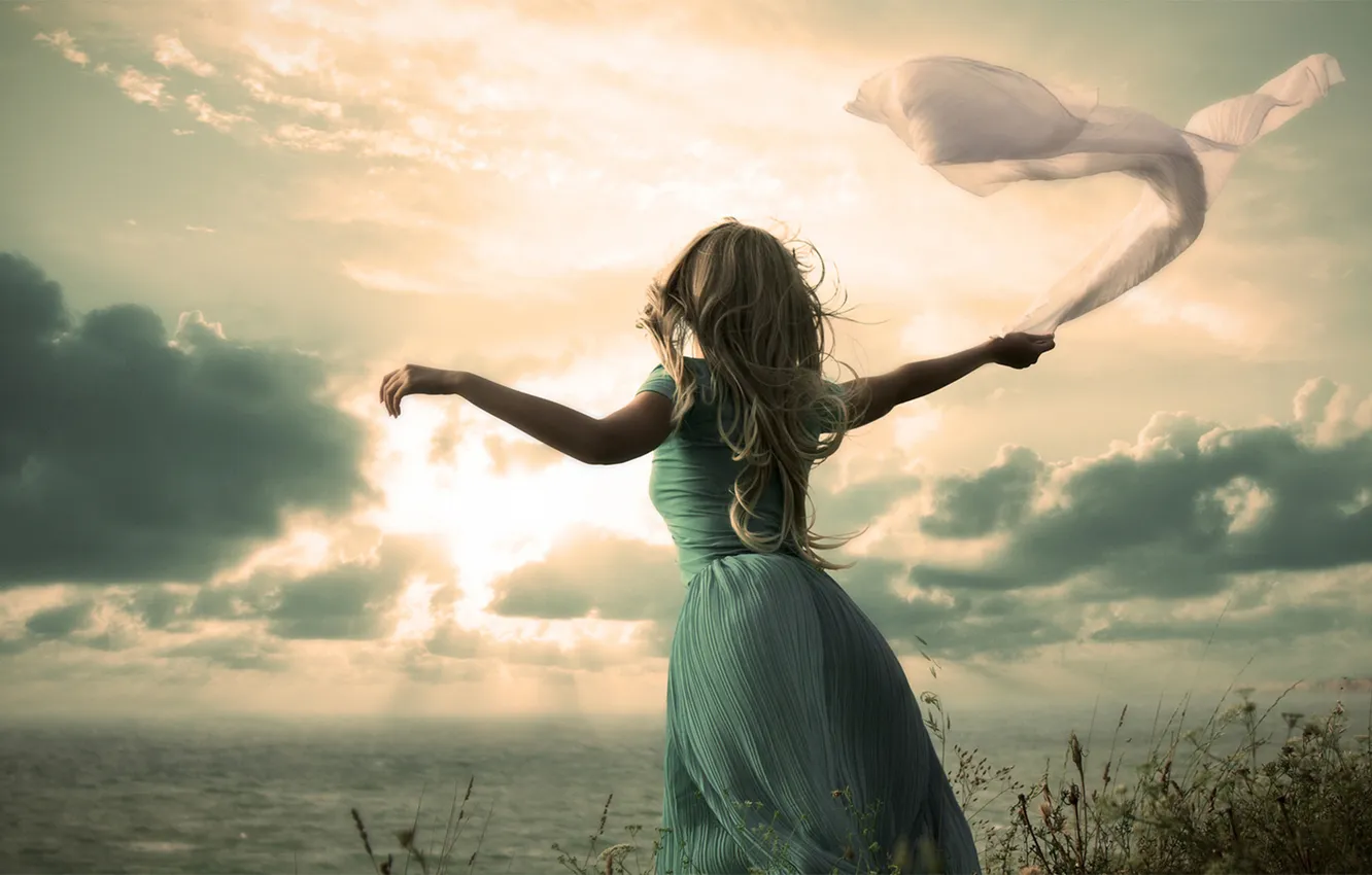 Photo wallpaper sea, woman, Goodbye, sunbeams