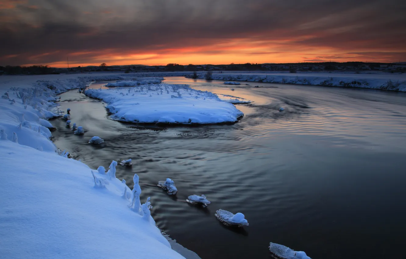 Photo wallpaper ice, winter, the sky, snow, sunset, river