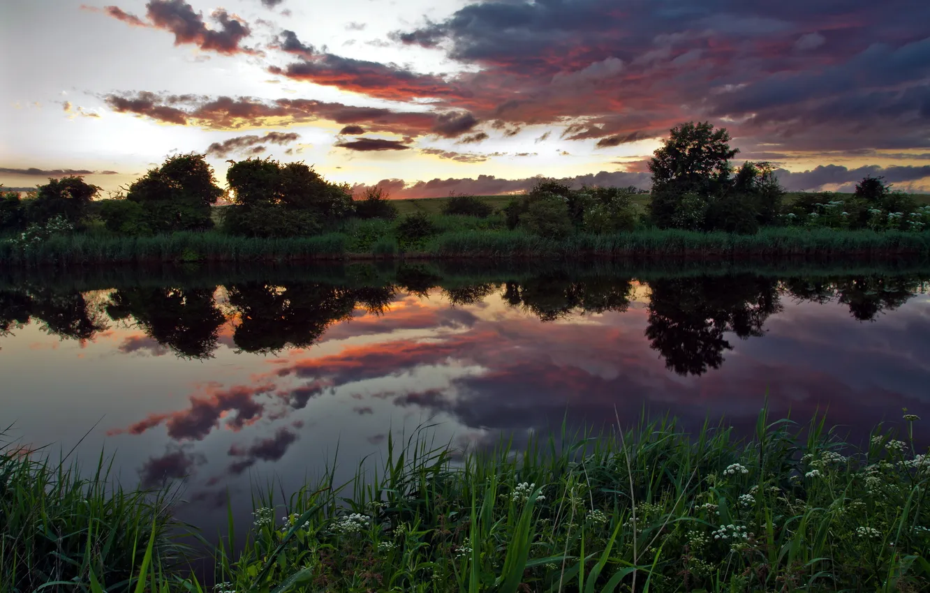 Photo wallpaper landscape, sunset, nature, river
