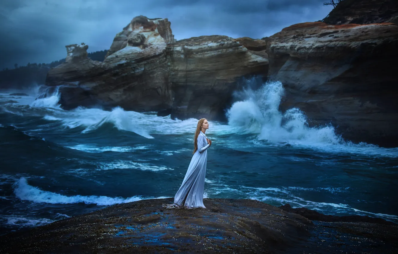 Photo wallpaper sea, girl, nature, shore, dress, TJ Drysdale