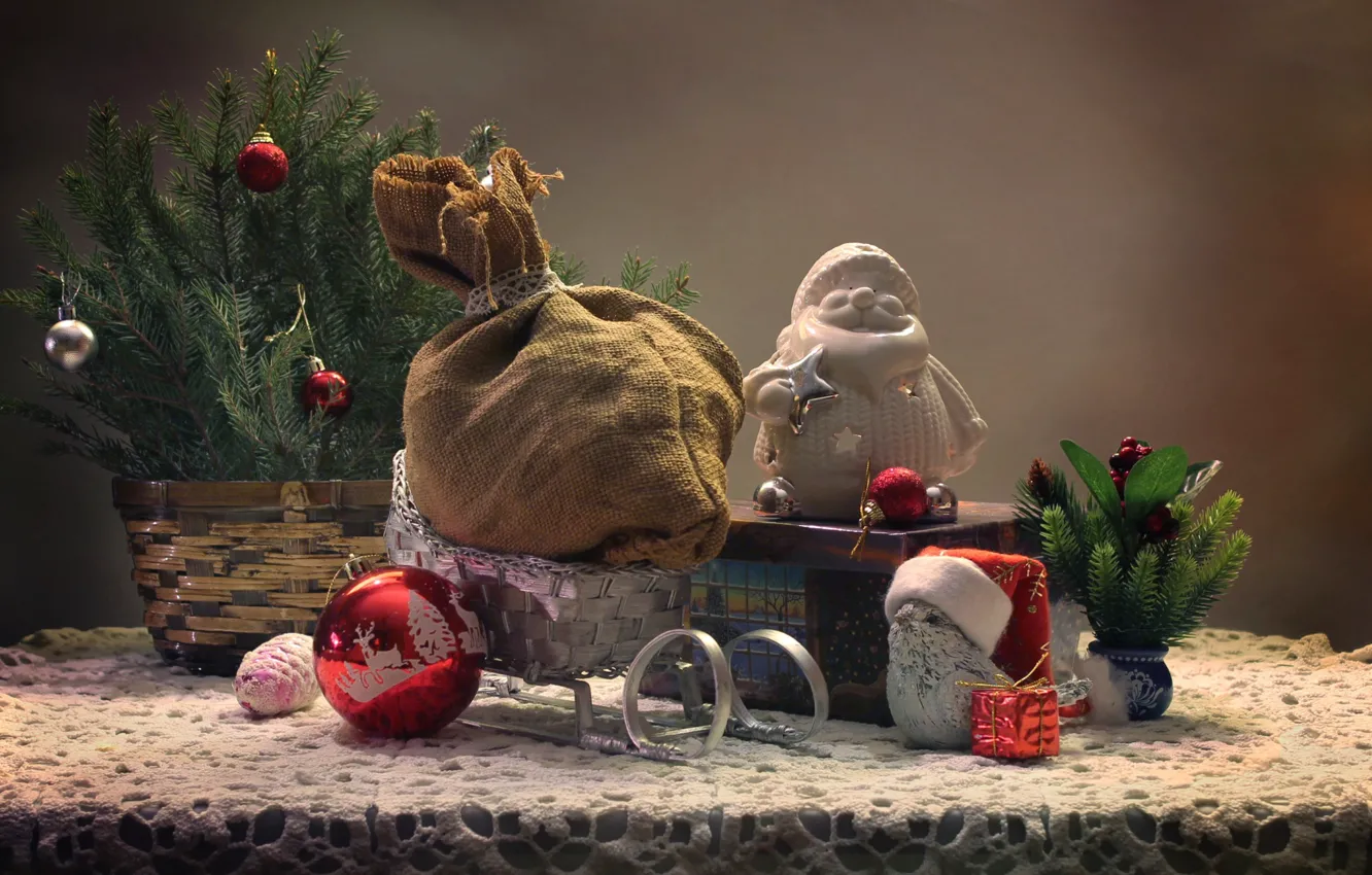 Photo wallpaper tree, gifts, sleigh, Santa Claus, bag