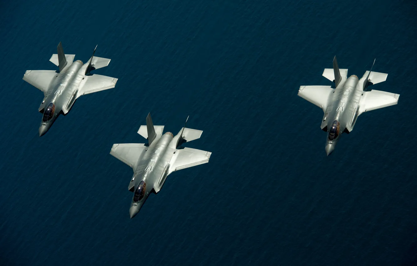 Photo wallpaper sea, fighters, three, flight, Lightning II, F-35, "Lightning" II