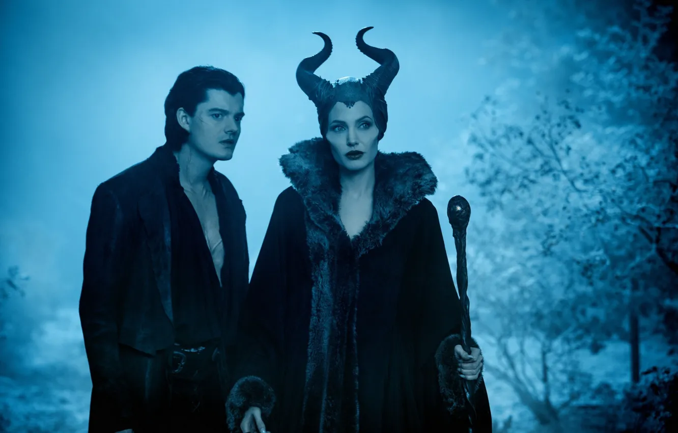 Photo wallpaper forest, night, the film, horns, staff, guy, witch, Maleficent