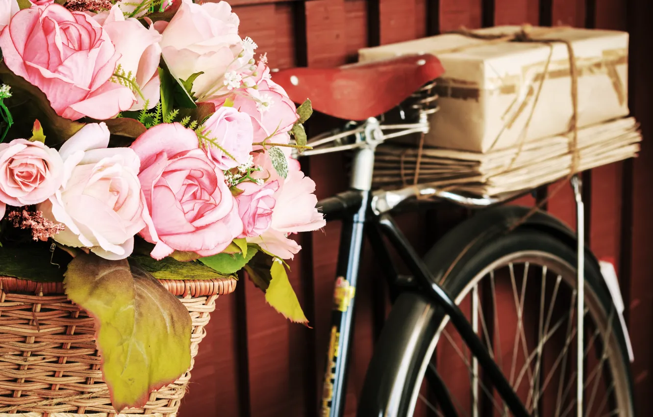 Photo wallpaper flowers, bike, retro, bouquet, flowers, roses, floral