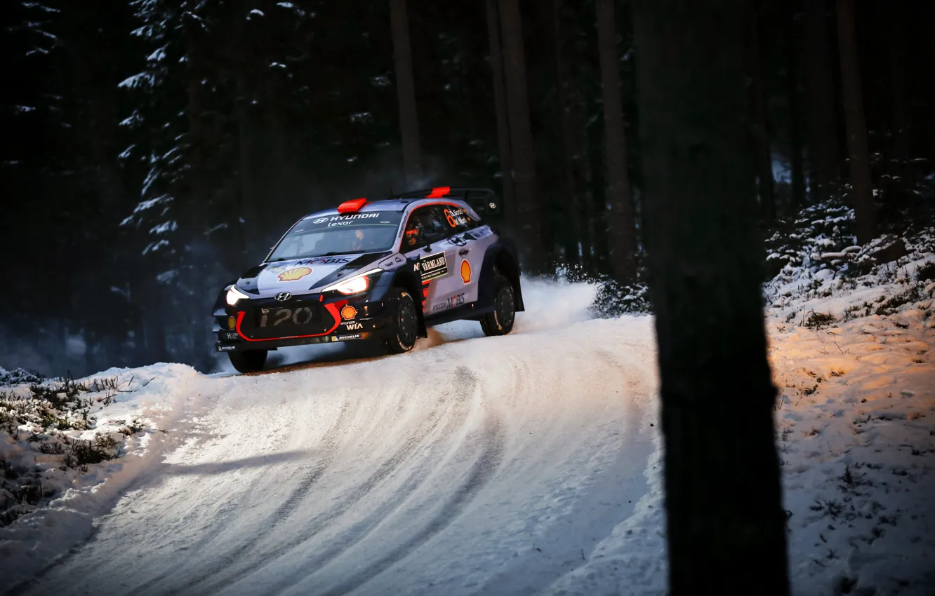 Photo wallpaper Winter, Auto, Snow, Forest, Sport, Machine, Race, Hyundai