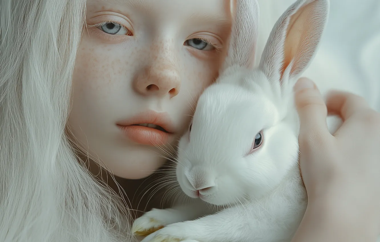 Photo wallpaper white, look, pose, each, hare, portrait, rabbit, girl