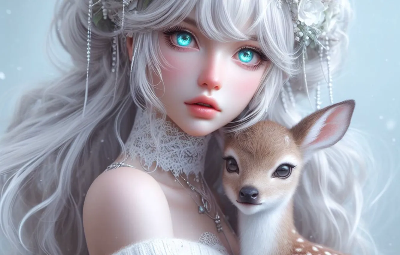 Photo wallpaper winter, snow, portrait, deer, girl, AI art, neural network