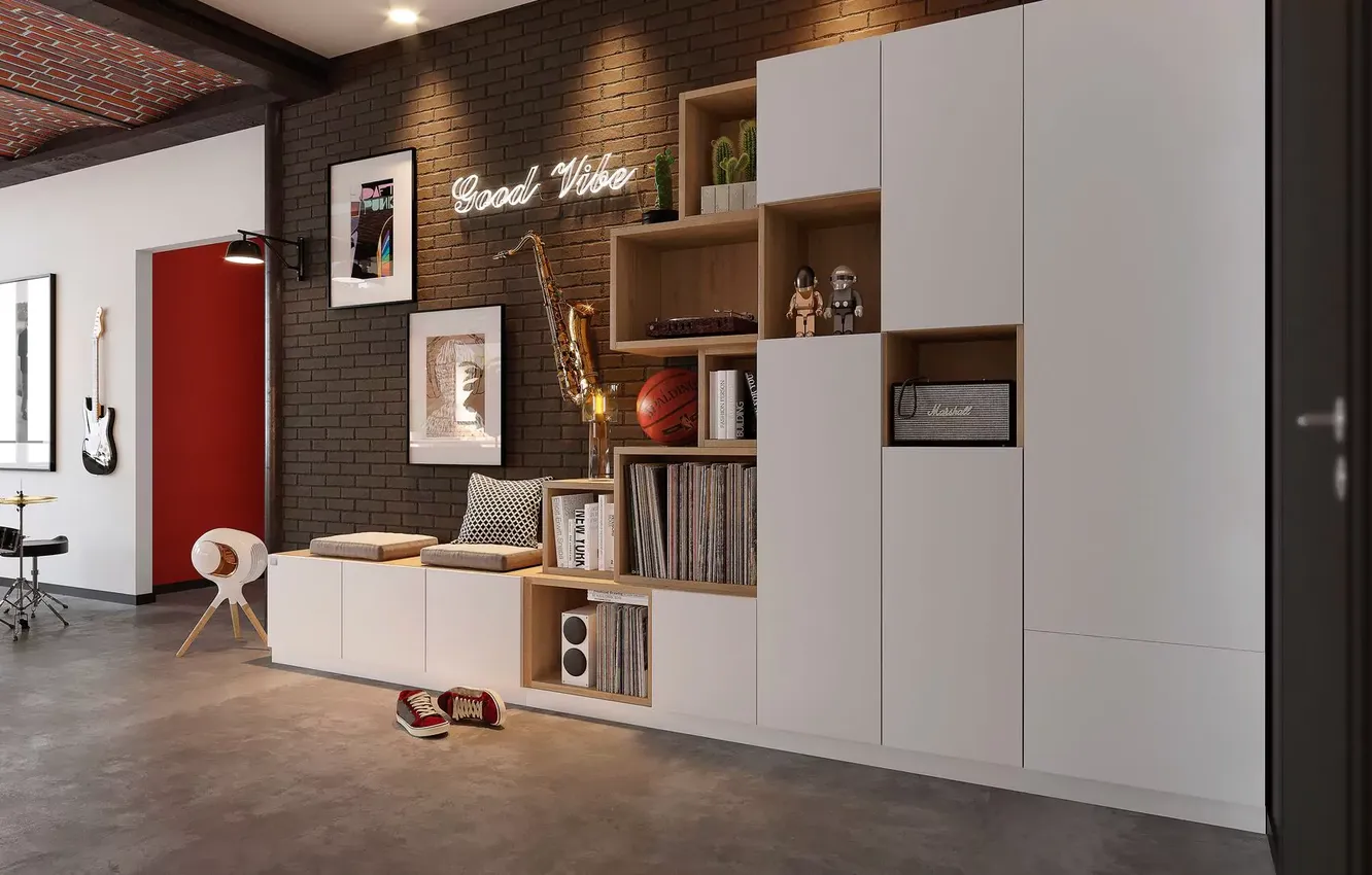Photo wallpaper room, style, interior, musical instruments, shelves, design, shelf