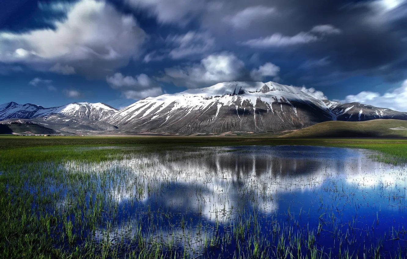 Photo wallpaper grass, clouds, landscape, mountains, Italy, pond, National Park Sibillini