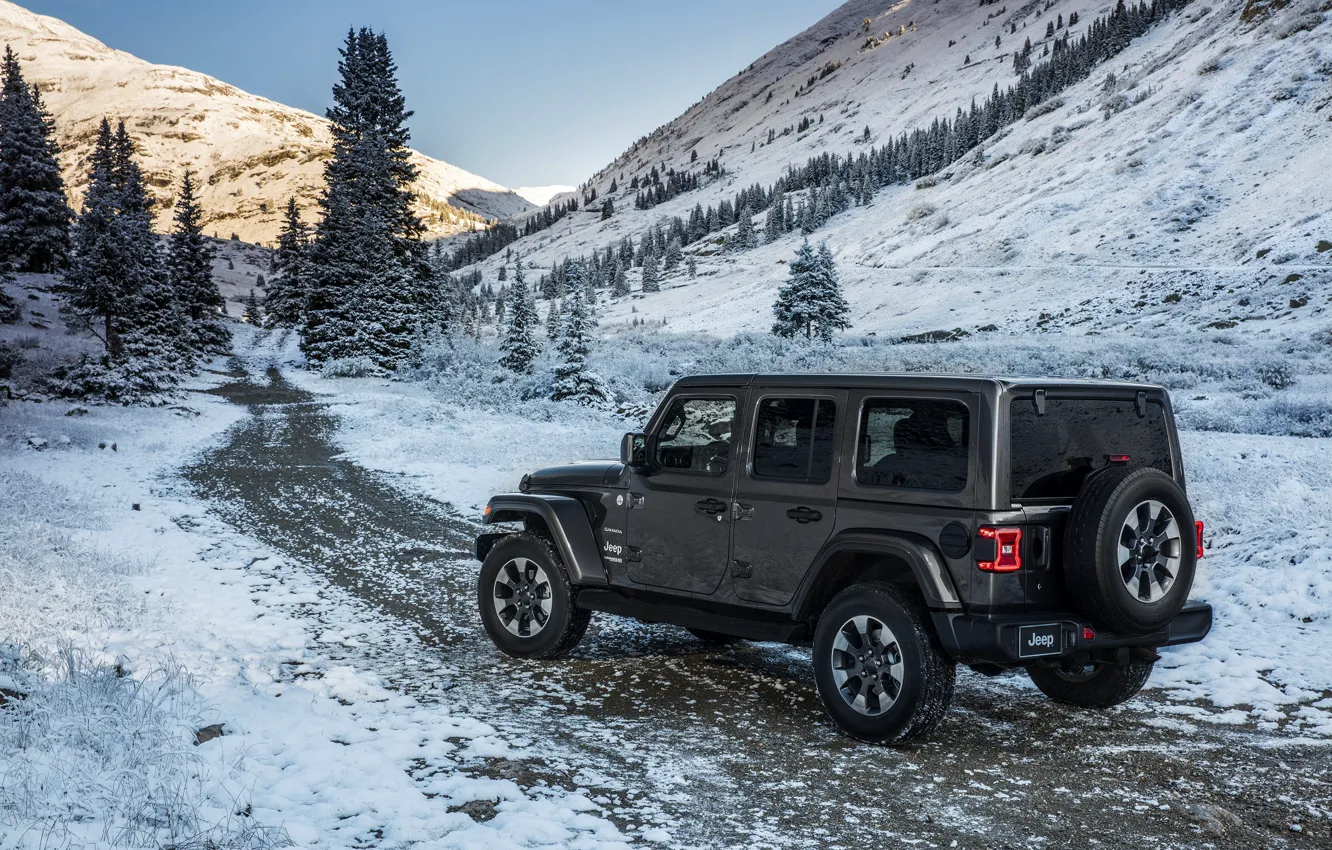 Photo wallpaper road, snow, mountains, 2018, Jeep, dark gray, Wrangler Sahara
