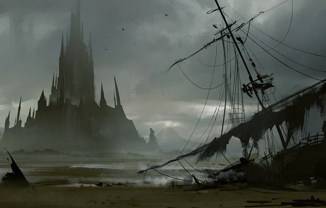 Photo wallpaper castle, ship, island