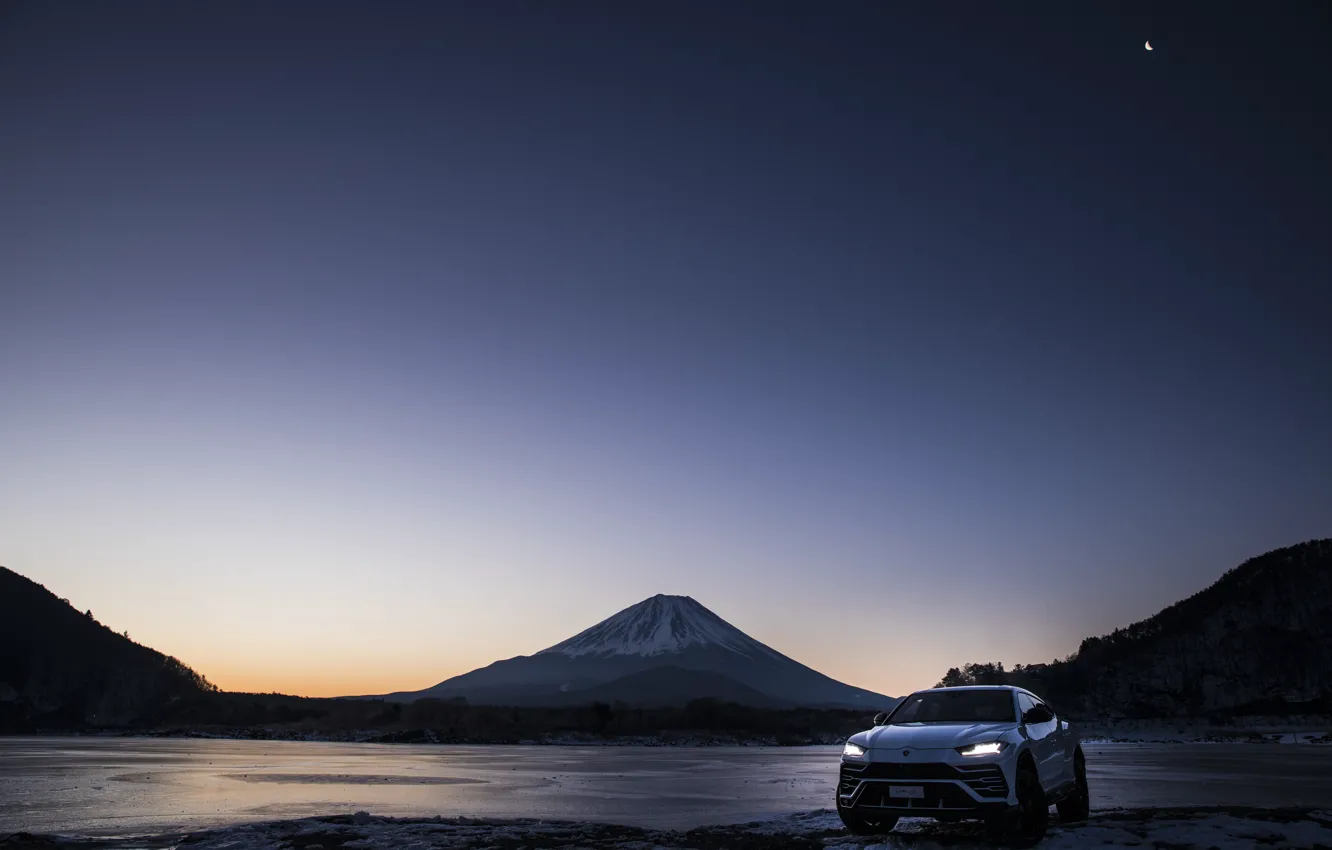 Photo wallpaper mountain, the evening, Lamborghini, Japan, twilight, 2018, crossover, Fuji