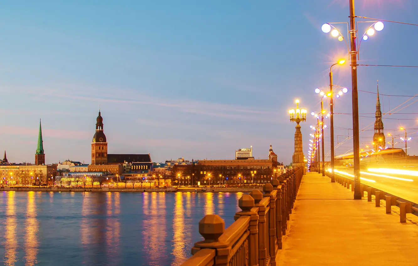 Photo wallpaper bridge, lights, river, home, the evening, lights, promenade, Riga