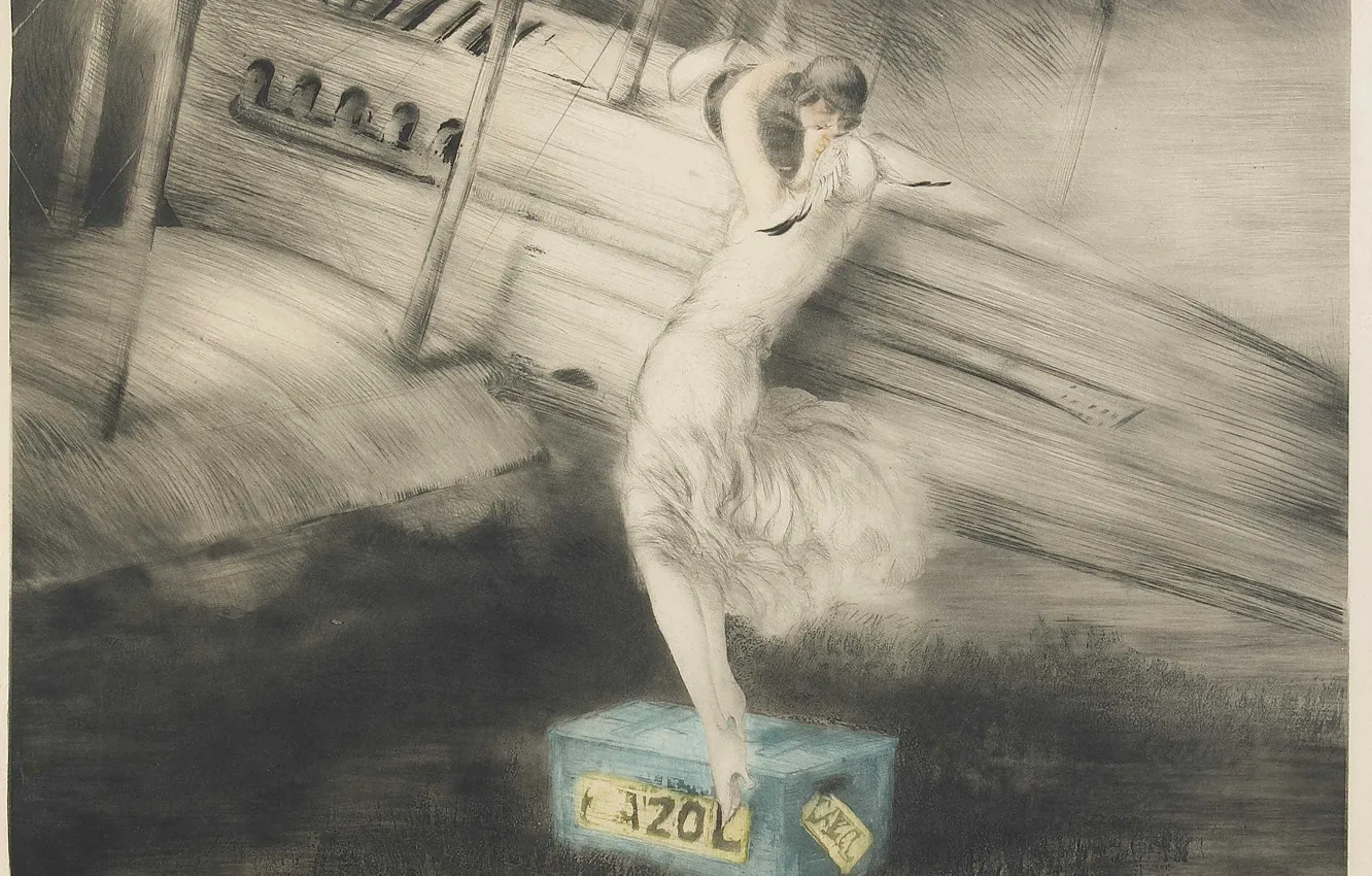Photo wallpaper biplane, 1925, Louis Icart, art Deco, etching and aquatint, Before the flight