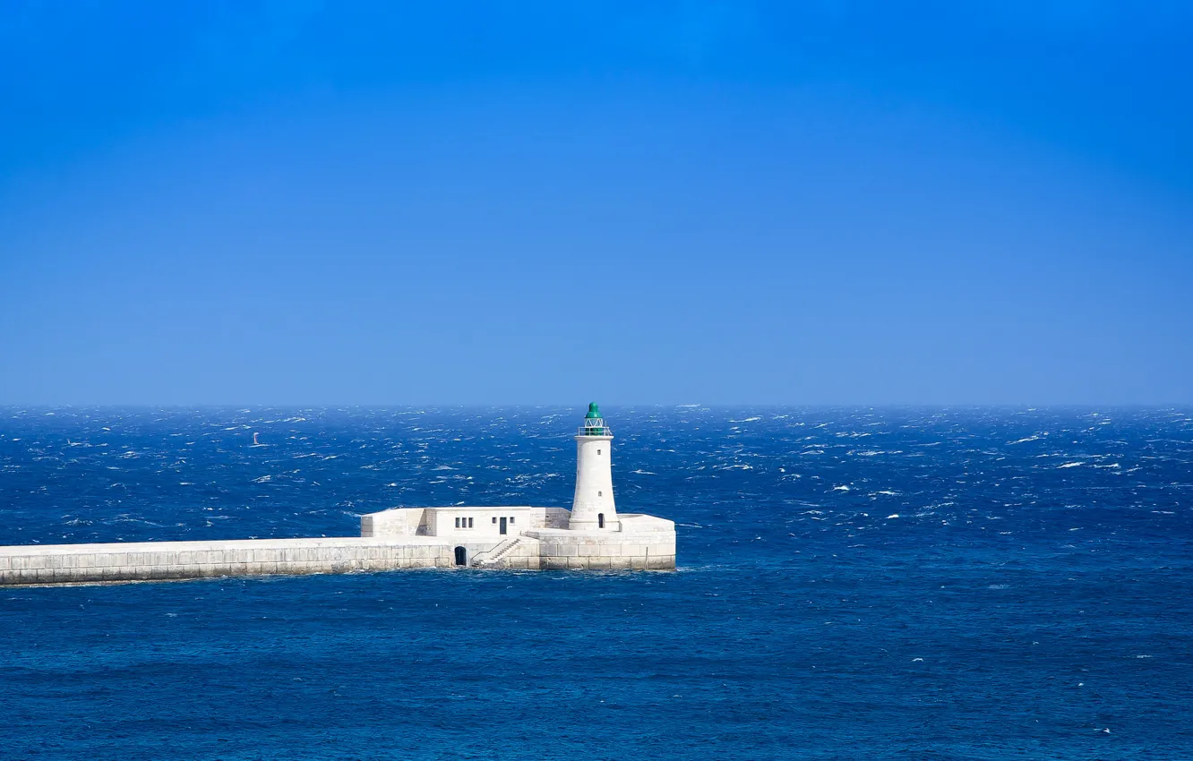 Photo wallpaper sea, lighthouse, horizon, blue sky, the troubled sea