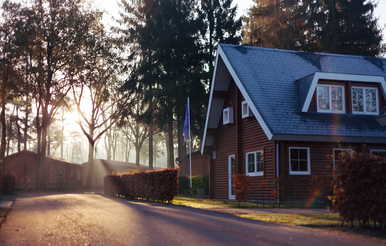 Photo wallpaper windows, house, road, trees, wood, Europe, Belgium, flag