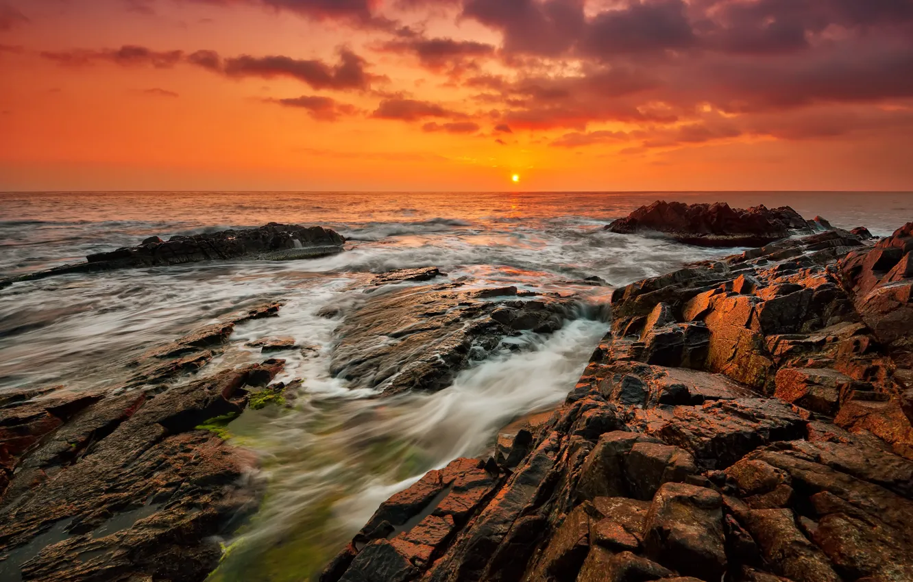 Photo wallpaper sea, beach, sunset, nature, sunrise, stones, rocks, shore