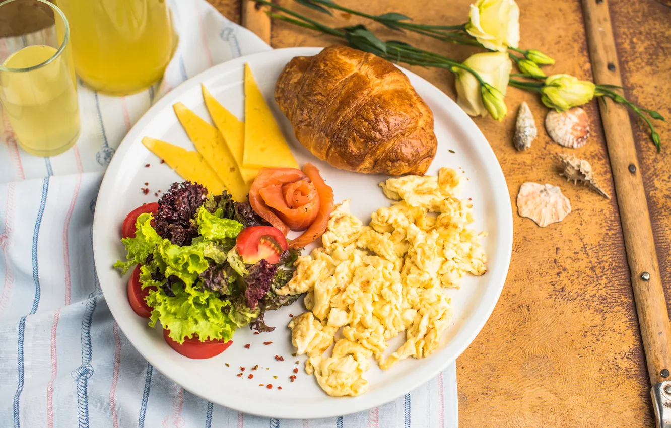 Photo wallpaper Breakfast, cheese, salad, croissant, omelette