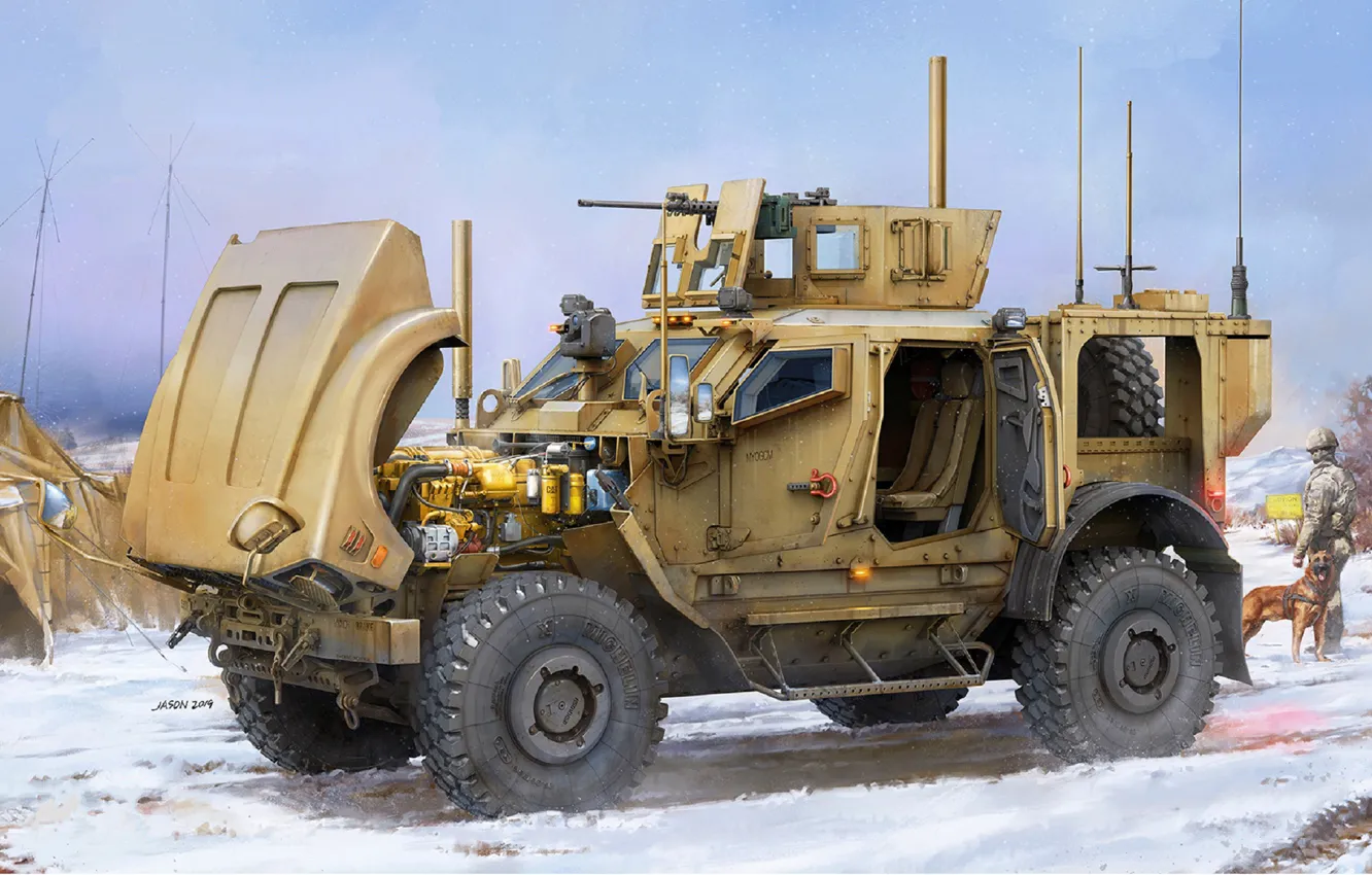 Photo wallpaper MRAP, modern American wheeled armored car, Mine Resistant Ambush Protected, Oshkosh M-ATV