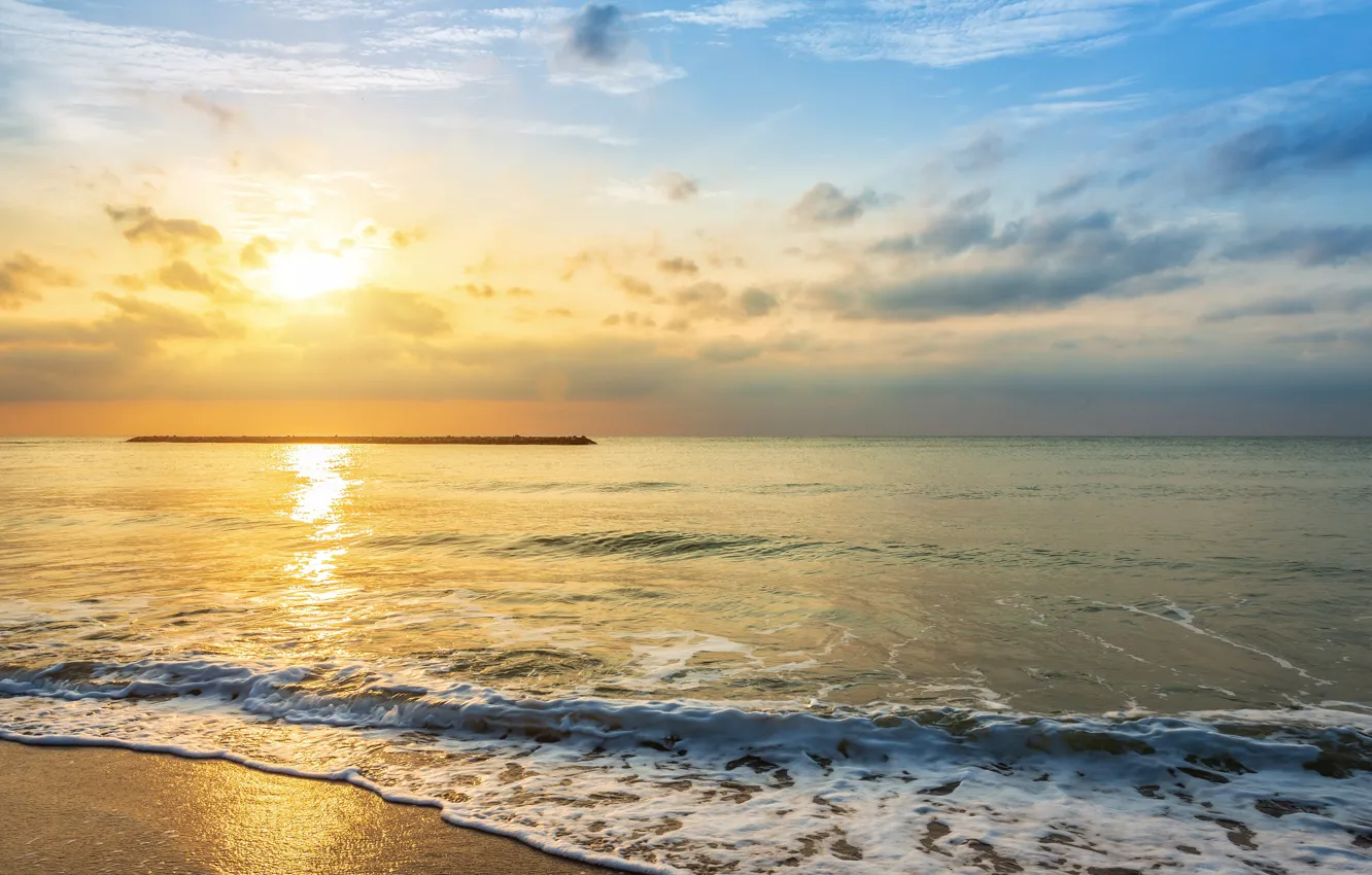 Photo wallpaper sand, sea, wave, beach, summer, the sky, sunset, shore