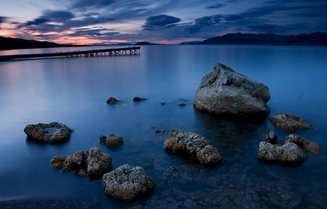 Photo wallpaper water, clouds, landscape, night, bridge, stones, the ocean, shore
